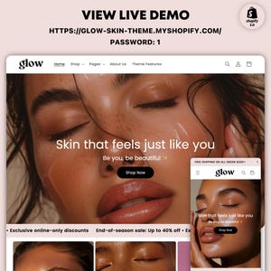 May include: Website screenshot of a skincare brand called "glow" with the tagline "Skin that feels just like you". The website features a close-up image of a person's face with glowing skin and the text "Be you, be beautiful".