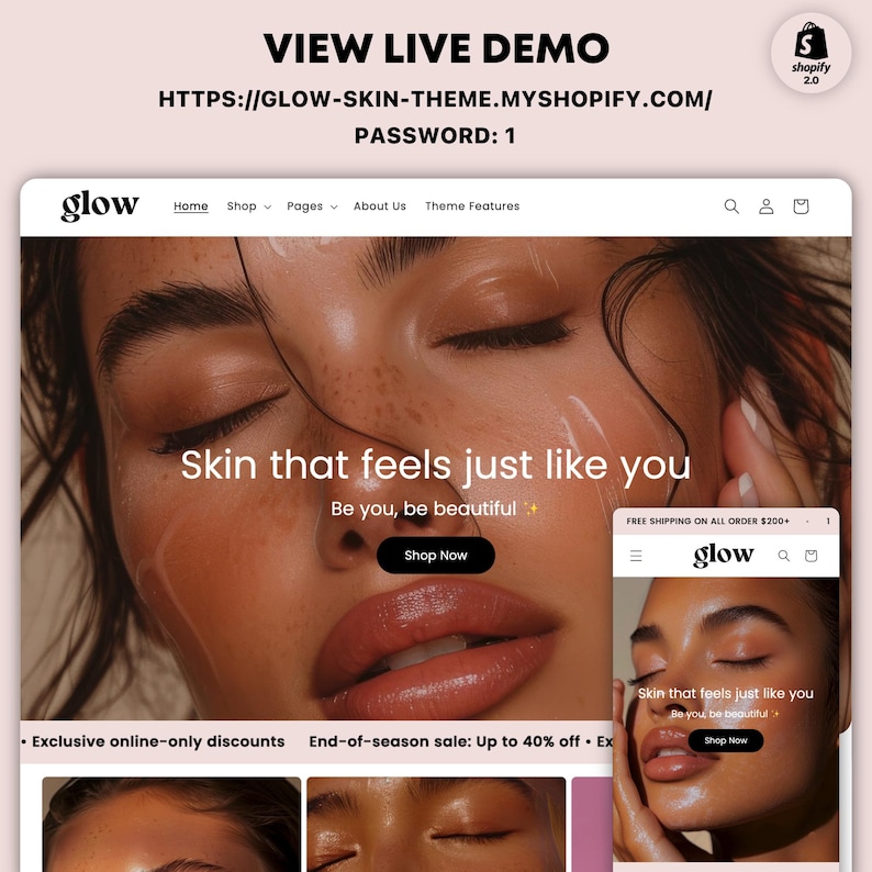 May include: Website screenshot of a skincare brand called "glow" with the tagline "Skin that feels just like you". The website features a close-up image of a person's face with glowing skin and the text "Be you, be beautiful".