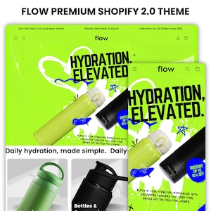 以下が含まれることがあります： 「Flow」ブランドのデジタル広告。ライムグリーンと黒の配色。テキストは「Hydration Elevated」と書かれており、断熱タンブラーを宣伝しています。広告には、緑と黒のウォーターボトルの画像が含まれており、割引を提供しています。