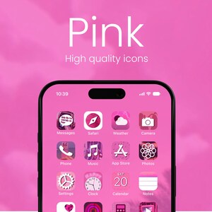 May include: A pink iPhone screen with custom icons for apps like Messages, Safari, Weather, Camera, Phone, Music, App Store, Photos, Settings, Clock, Calendar, and Notes. The icons are all pink and have a simple design.