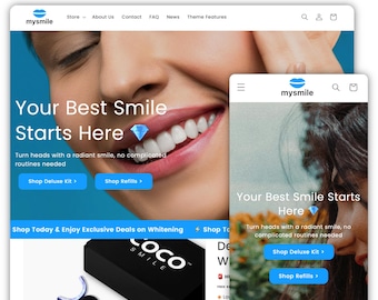 May include: A website screenshot showing a woman smiling with white teeth. The website is for a teeth whitening product called "My Smile". The website has a blue and white color scheme and features a diamond icon. The text on the website says "Your Best Smile Starts Here".