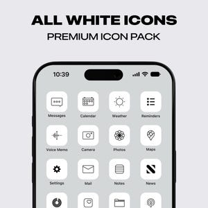 May include: A smartphone screen displaying a grid of app icons with white outlines on a gray background. The icons represent common apps such as Messages, Calendar, Weather, Reminders, Voice Memo, Camera, Photos, Maps, Settings, Mail, Notes, News, and more. The time displayed on the screen is 10:39.