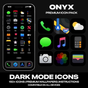 Op de afbeelding: Een zwart-witte illustratie van een smartphone met een donkere modusinterface die een raster van app-pictogrammen toont. De pictogrammen zijn in een donker kleurenschema met witte contouren. De tekst "ONYX PREMIUM ICON PACK" staat bovenaan de afbeelding. Onder de pictogrammen staat de tekst "DARK MODE ICONS 150+ ICONS | PREMIUM WALLPAPERS | INSTRUCTIONS COMPATIBLE ON ALL DEVICES".
