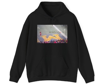 May include: Black hooded sweatshirt with a front pocket and a drawstring hood. The sweatshirt features a graphic of a football field with a large yellow "M" and the word "oh" in the upper right corner.