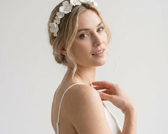 Bridal Headband with White Ceramic Flowers, Pearl Wedding Hair Vine