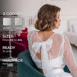 Pearl wedding topper, Wedding tulle bolero,Bridal topper long sleeve,Sheer bridal top,Beaded overlay top,Pearl coverup,Bridal shoulder cover