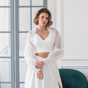 Organza Bolero lange Ärmel, Hochzeit Overlay Top, Schiere Braut Bolero, Organza Kleid Topper, Braut Schulter Abdeckung mit Ärmel
