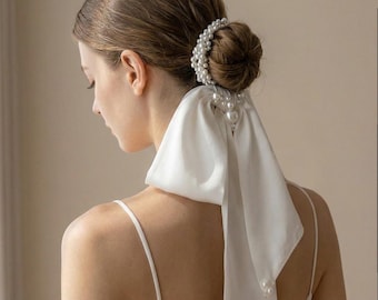 Pearl Bridal Hair Bow, Silk Wedding Hair Tie, Elegant Bridal Bun Accessory
