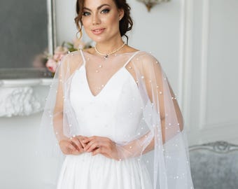 Pearl bridal capelet, Beaded bridal cape tulle,Pearl bridal topper,Wedding cape short,Sheer wedding cape,Pearl bridal coverup,Wedding poncho