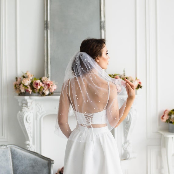 Wedding Veil With Pearls, Elbow Length Veil, Scattered Pearl  display picture 3
