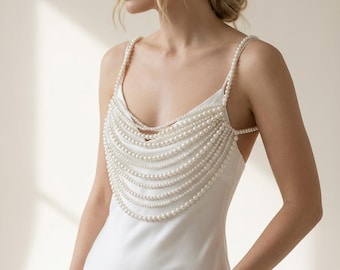 Catena per il corpo da sposa con perle, collana con imbracatura di perle per matrimonio, gioielli per abiti senza schienale, gioielli per il corpo da sposa, accessorio minimalista con perle per abito