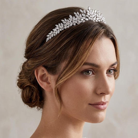 Crystal Leaf Bridal Headband, Silver Wedding Tiara, Rhinestone Hair Accessory
