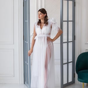 Sheer bridal robe, Tulle bridal robe long,Bridal boudoir robe,Bride robe for wedding day long,Bride getting ready robe soft,Maxi bridal robe
