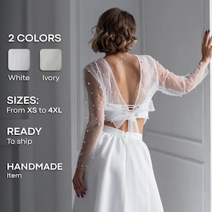 Pearl bridal topper,Tulle bridal jacket,Bridal topper beaded,Long sleeve bridal top,Beaded overlay top,Pearl coverup,Wedding bolero beaded