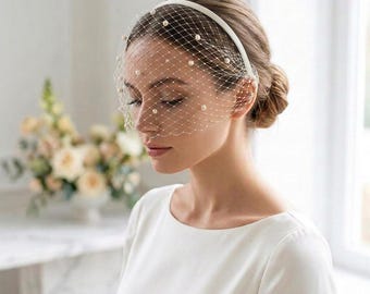 Fascia per capelli con velo a gabbia di perle, copricapo da sposa vintage, velo corto per il viso.