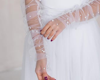 Detachable pearl sleeves for wedding dress, Pearl bridal sleeves, Beaded wedding sleeves, Pearl tulle sleeves bride,Removable bridal sleeves
