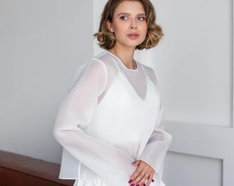 Organza dress topper, Organza bolero long sleeve, Long sleeve bridal topper, Wedding bolero topper, Wedding blouse bride, Sheer jacket bride