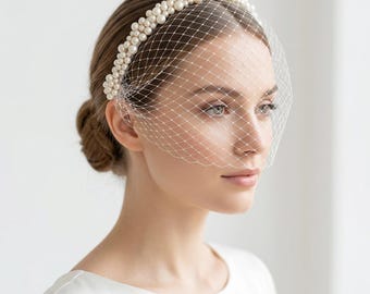 Bridal Birdcage Veil,  Pearl Wedding Headpiece, Vintage Style Hair Accessory, Short Veil Fascinator