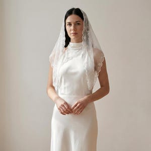 以下が含まれることがあります： 繊細な花のレーストリムが付いた白いウェディングベール。ベールはハイネックの白いドレスの上にかけられています。ドレスはシンプルでエレガントなデザインで、結婚式や特別な機会に適しています。
