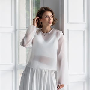 Langarm Braut Top, Schiere Hochzeit Bolero, Organza Bolero Jacke, Hochzeit Topper Bluse, Hochzeit Overlay Top, Hochzeit Bluse Braut