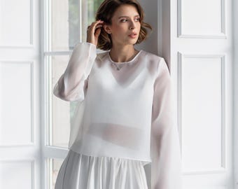 Long sleeve bridal top, Sheer wedding bolero, Organza bolero jacket, Wedding topper blouse, Wedding overlay top, Wedding blouse bride