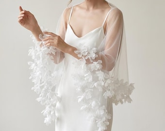 Robe de mariée à fleurs transparentes, haussement d'épaules en tulle de mariage, écharpe en dentelle fleurie, cache-vêtements de mariée, châle rose pâle ou blanc, accessoires de mariage romantiques