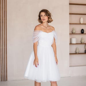 Vestido curto de tule para fuga, Vestido para jantar de ensaio, Vestido curto de noiva, Vestido para recepção de noiva, Vestido para festa de casamento, Vestido curto para chá de panela