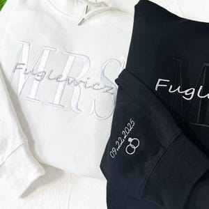 Custom MRS & MR Embroidered Hoodie Sweatshirt, Date with Rings On Sleeve, Bride Sweatshirt, Future Mrs. and Mr. Hoodie, Engagement Gift