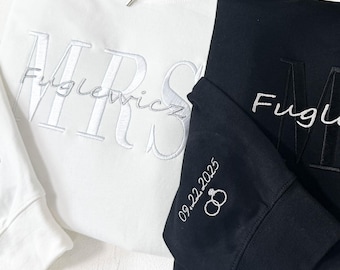 Sweat-shirt à capuche brodé MRS & MR personnalisé, date avec anneaux sur la manche, sweat-shirt de la mariée, sweat à capuche future Mme et M., cadeau de fiançailles
