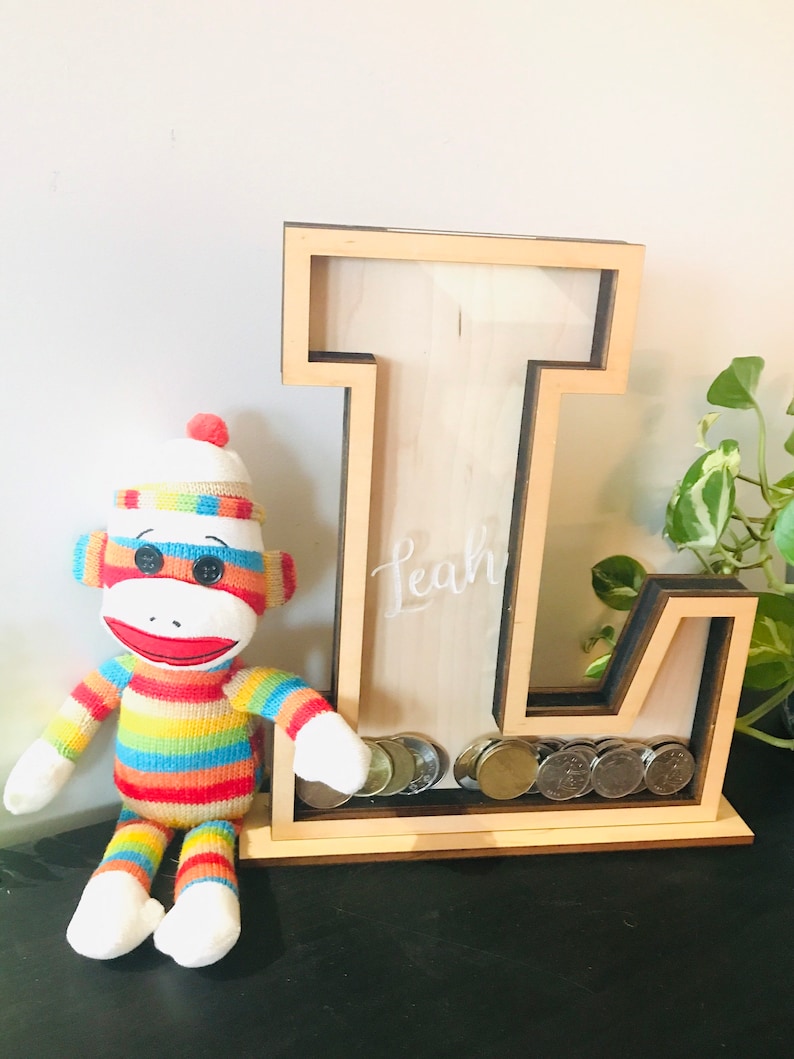 Small Personalized Wood Letter Piggy Bank Etsy