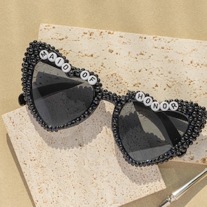 Cristal preto, óculos de noiva com pérolas negras, óculos de sol personalizados para noivas e despedidas de solteira, óculos pretos para madrinhas, óculos de solteira, presente