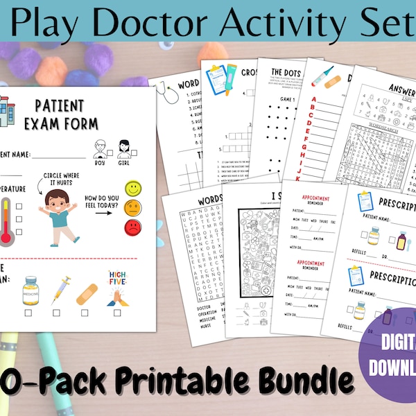 Pretend Play Dr. Activities, Doctor themed Games, Kids Hospital Sheets, Hospital Stay Fun Printable, Wellness worksheets, Home Sick Games