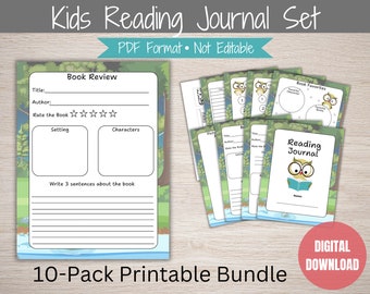May include: A 10-pack printable bundle of kids' reading journals. The set includes pages for book reviews, with spaces for title, author, and ratings. The cover features an owl reading a book. The text says "Kids Reading Journal Set".