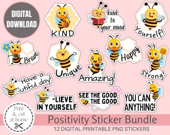 Positivity Bee Stickers: Mental Health Affirmations (PNG Digital Download)