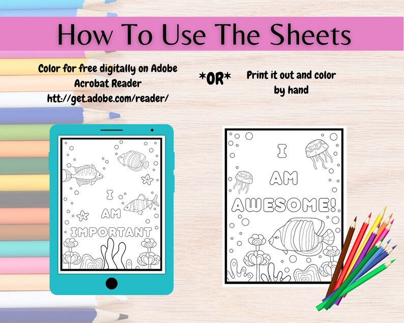 May include: Two printable coloring pages featuring underwater scenes. The first page shows a fish with the text "I am important" and the second page shows a fish with the text "I am awesome!"
