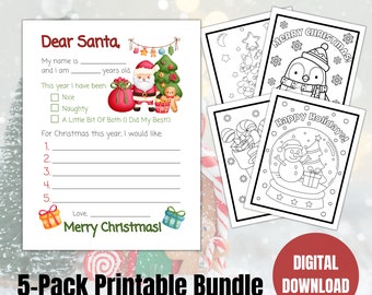 May include: A printable Christmas-themed bundle featuring a "Dear Santa" letter template and four coloring pages. The letter includes spaces to write a name, age, and Christmas wishes. The coloring pages have holiday designs.