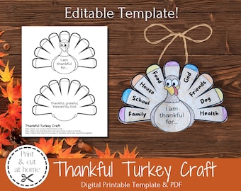 Manualidad de pavo de agradecimiento editable, actividad cristiana de otoño imprimible para niños, escuela dominical, manualidad de Acción de Gracias, preescolar cristiano, iglesia