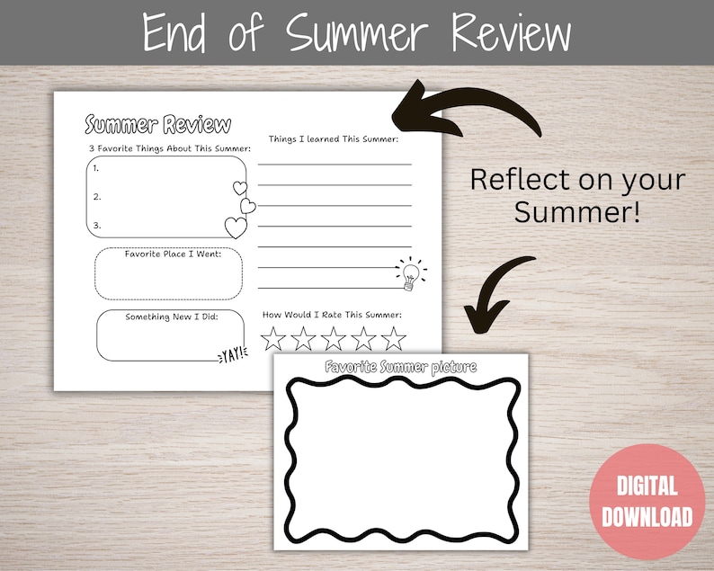 Puede incluir: Hoja de trabajo imprimible en blanco y negro con el t&iacute;tulo "Summer Review". La hoja de trabajo incluye indicaciones para reflexionar sobre el verano, como "3 cosas favoritas de este verano", "Lugar favorito al que fui", "Algo nuevo que hice" y "Cosas que aprend&iacute; este verano". Tambi&eacute;n hay una secci&oacute;n para calificar el verano con cinco estrellas y un espacio para un dibujo.