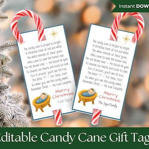 May include: Two rectangular gift tags with a candy cane attached. The tags have a poem about Christmas and a baby Jesus illustration. The text reads "Merry Christmas" and "Instant Download". The tags are for editable candy cane gift tags.