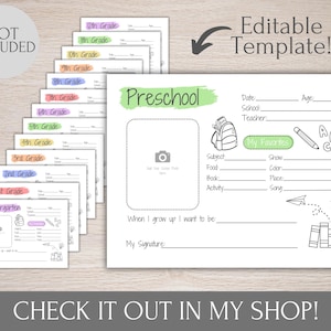 May include: Editable preschool student information sheet template with a green watercolor background. The template includes sections for student information, favorite things, and a space for a photo. The text "Preschool" is written in a green watercolor font.