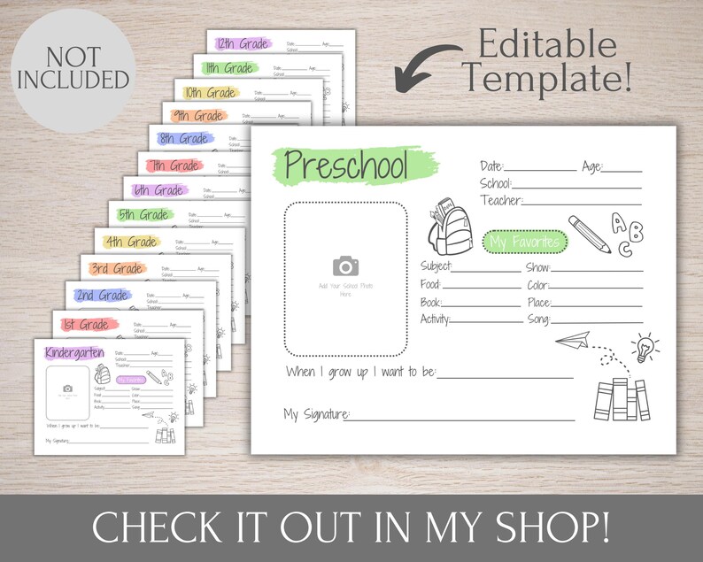 May include: Editable preschool student information sheet template with a green watercolor background. The template includes sections for student information, favorite things, and a space for a photo. The text "Preschool" is written in a green watercolor font.