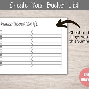 Puede incluir: Una lista de deseos de verano imprimible con una lista de verificaci&oacute;n para realizar un seguimiento de las actividades. La lista tiene el texto "Summer Bucket List" en la parte superior y el texto "Check off the things you did this Summer!" a la derecha.
