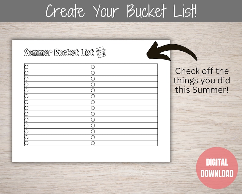 Puede incluir: Una lista de deseos de verano imprimible con una lista de verificaci&oacute;n para realizar un seguimiento de las actividades. La lista tiene el texto "Summer Bucket List" en la parte superior y el texto "Check off the things you did this Summer!" a la derecha.