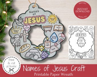 May include: A colorful paper wreath craft with the words "Names of Jesus" and various illustrations, including a lamb, cross, and dove. The wreath is designed for printing and cutting at home.