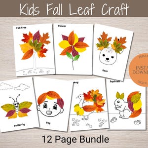 Peut inclure: Ensemble de pages imprimables pour enfants sur le thème des feuilles d'automne. Chaque page présente un contour noir et blanc d'un animal ou d'un objet, avec des feuilles d'automne colorées pour compléter l'image. Comprend un cerf, un écureuil et un papillon.
