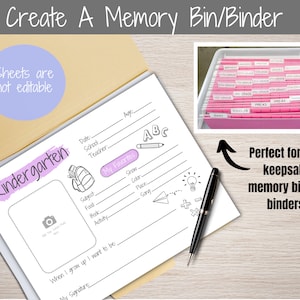 May include: A printable worksheet for kindergarten students to fill out with information about their school year. The worksheet includes sections for the student's name, age, date, school, teacher, favorite subjects, food, book, activity, show, color, place, and song. The worksheet also includes a space for the student to draw a picture of themselves and a space for their signature. The worksheet is designed to be used as a keepsake for parents to remember their child's kindergarten year.
