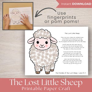 Puede incluir: Una manualidad de papel imprimible con una oveja de dibujos animados, diseñada para usar con huellas dactilares o pompones. La imagen incluye el texto "The Lost Little Sheep" y un versículo bíblico. Ideal para actividades infantiles.