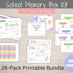 May include: A printable school memory box kit with 26 pages in a digital download format. The pages are designed for preschool through 12th grade and include sections for pictures, awards, artwork, schoolwork, report cards, and more. The pages are decorated with colourful illustrations and text.