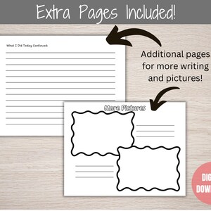 Puede incluir: P&aacute;ginas de diario imprimibles en blanco y negro con el texto "What I Did Today Continued" y "More Pictures". Las p&aacute;ginas est&aacute;n dise&ntilde;adas para escribir y dibujar.
