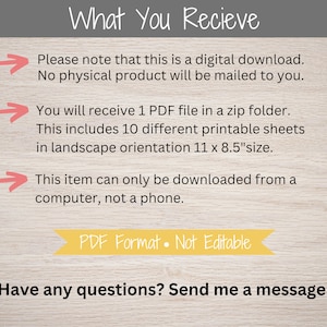 Puede incluir: Un gr&aacute;fico de descarga digital con fondo rosa y texto blanco. El texto dice "What You Receive" e incluye informaci&oacute;n sobre la descarga digital, que es un archivo PDF en una carpeta zip que contiene 10 hojas imprimibles en orientaci&oacute;n horizontal, que miden 11 x 8,5 pulgadas. El gr&aacute;fico tambi&eacute;n indica que el art&iacute;culo solo se puede descargar desde una computadora, no desde un tel&eacute;fono. El texto "PDF Format - Not Editable" se muestra en una pancarta amarilla. El gr&aacute;fico concluye con el texto "Have any questions? Send me a message!"